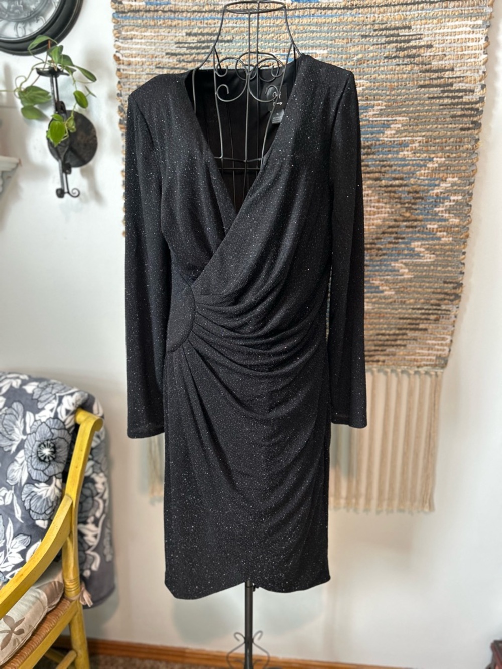 JH Evenings Black Sparkle Long-Sleeve Wrap Dress